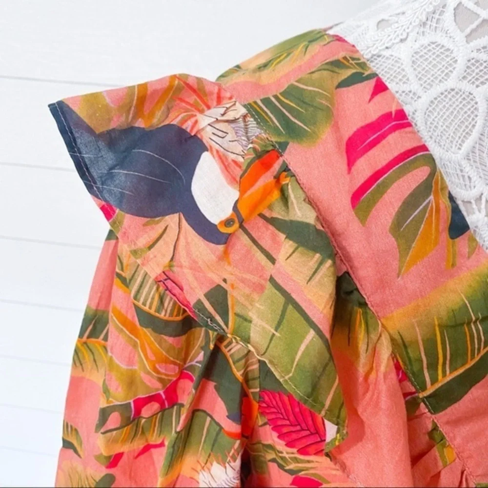 NWT Farm Rio Yasmine Ruffled Blouse Pink Combo Anthropologie Womens Top Tropical - Picture 9 of 14